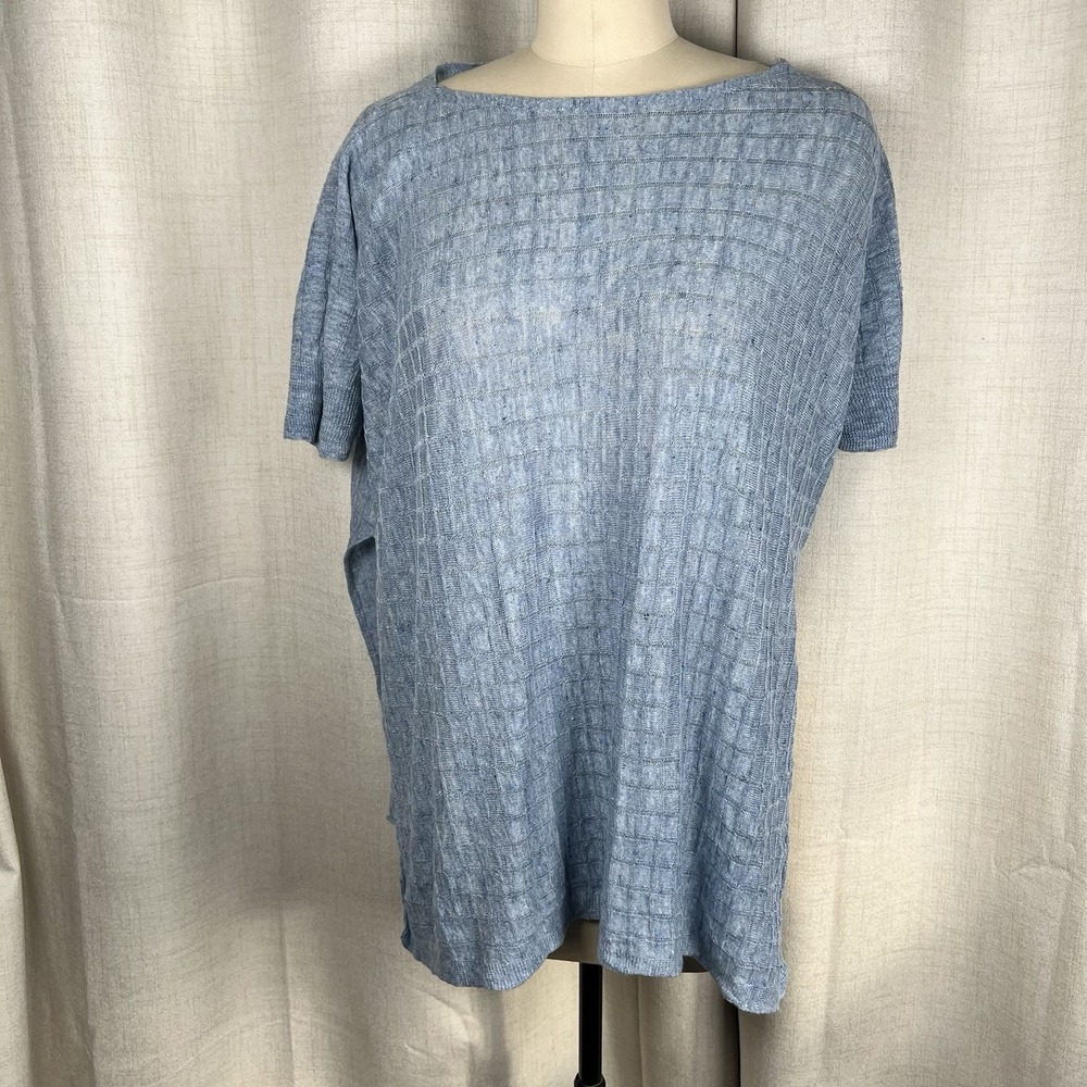 Eileen Fisher Bateau Neck Grid Puckered Textured Linen Tunic Top XXS/XS Blue